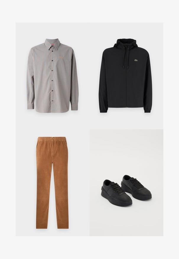 Svart zip-up jakke med hette, laget av lett materiale. Har elastiske mansjetter og en liten grønn logo på venstre bryst.; Knappe skjorte i et blått og oransje rutemønster, lange ermer, med spiss krage og en liten logo på brystlommen.; Brune kordfløyelsbukser med elastisk midjebånd, med knappelukking. Rett ben-design og myk, strukturert stoff.; Sorte sneakers laget av glatt lær med en polstret såle. Funksjoner inkluderer flate snøringer, perforeringer på tåpartiet, og en elegant silhuett.