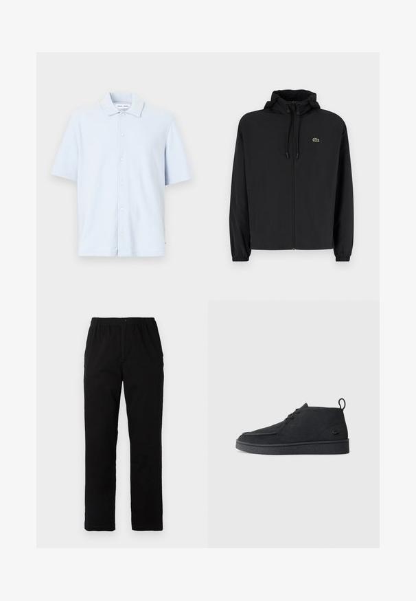 Melnas rāvējslēdzēja jakas ar kapuci, izgatavota no viegla materiāla. Ar elastīgām piedurknēm un mazu zaļu logo kreisajā krūtī.; Gaiši zilas krāsas īsām piedurknēm krekls, kas izgatavots no mīksta auduma, ar pogājamām mājām un klasisku apkakles dizainu.; Melnas bikses no kokvilnas maisījuma auduma, ar taisnu griezumu, elastīgu jostasvietu ar pogu un bez redzamām rakstu vai akcentiem.; Melna zamša kurpīte ar auklēm līdz potītei, ar ievelkamu cilpu un struktūru zoli, kurai sānos ir neliels, reljefs krokodila logo.