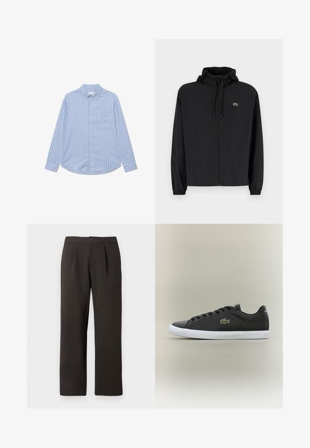 Musta vetoketjullinen takki, jossa on huppu, valmistettu kevyestä materiaalista. Ominaisuuksiin kuuluu joustavat hihansuut ja pieni vihreä logo vasemmassa rinnassa.; Vaaleansininen pitkähihaine paita, jossa on pystysuoria valkoisia ja tummansinisiä raitoja. Varustettu napitettavalla kauluksella ja yhdellä rintataskulla.; Tummanruskeat suorat lahkeet, joissa on litteä etuosa, kaksi laskosta ja napin suljenta. Valmistettu sileästä kankaasta, jossa on pieni tekstuuri.; Mustat nahkakengät valkoisella kumipohjalla, jossa on vihreä krokotiililogo ja pyöreät nauhat, sulavalinjainen muotoilu sileällä pinnalla.