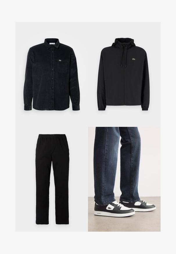 Schwarze Zip-Jacke mit Kapuze, aus leichtem Material hergestellt. Verfügt über elastische Bündchen und ein kleines grünes Logo auf der linken Brust.; Schwarzes Cordhemd mit langen Ärmeln, Knopfverschluss, spitzem Kragen und einer linken Brusttasche mit einem kleinen grünen Logo.; Schwarze Hosen aus einem Baumwollmischgewebe, mit geradem Schnitt, elastischem Bund mit Knopf und ohne sichtbare Muster oder Akzente.; Schwarz-weiße Lacoste-Sneaker mit einem Obermaterial aus strukturiertem Leder, ausgestattet mit einem Schnürdesign und einer weißen Gummiaußensohle. Getragen mit dunklen Jeans.