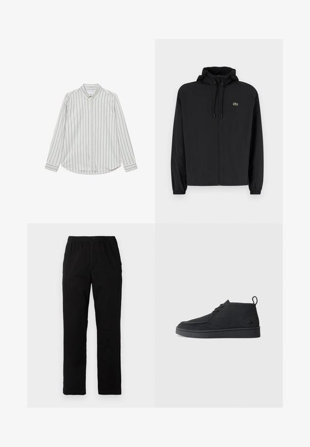 Mustmust jacket, millel näpsuga, kergest materjalist. Omab elastseid mansette ja väikest rohelist logo vasakul rinnal.; Puuvillane pikakä sleevesega särk, millel on vertikaalsed sinised ja kreemjad triibud, terav krae ja ümar hems. Sisaldab esipaneelil nuppe.; Mustad mustreid, puuvillast segakanga valmistatud mustad püksid, mis on sirge lõikega, elastse vöökoht ja nööp, ilma nähtavate mustrite või aktsentideta.; Must värvi sametist nööbitavad ankle-kingad tõmbluku ja tekstureeritud tallaga, millel on külgedel väike reljeefne krokodillilogo.