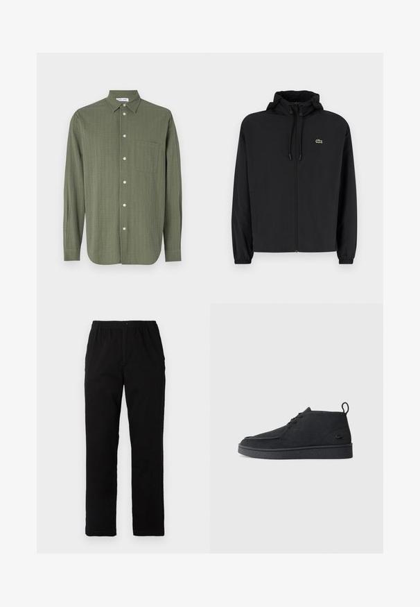 Black zip-up jacket with a hood, made of lightweight material. Features elastic cuffs and a small green logo on the left chest.; Long-sleeve shirt in olive green, textured fabric, button-up front, single chest pocket, and classic collar.; Black pants made of cotton blend fabric, featuring a straight cut, elastic waistband with button, and no visible patterns or accents.; Black suede lace-up ankle boot with pull tab and textured sole, featuring small embossed crocodile logo on the side.