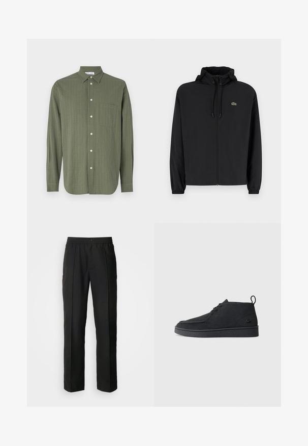 Melnas rāvējslēdzēja jakas ar kapuci, izgatavota no viegla materiāla. Ar elastīgām piedurknēm un mazu zaļu logo kreisajā krūtī.; Ilgiem piedurknēm krekls olīvzaļā krāsā, teksturēta auduma, ar pogu aizdari priekšpusē, viena krūšu kabata un klasiskā apkakle.; Melni bikses ar taisnajām kājām, izgatavotas no gludas auduma. Aprīkotas ar elastīgu jostasvietu un pogu aizdari.; Melna zamša kurpīte ar auklēm līdz potītei, ar ievelkamu cilpu un struktūru zoli, kurai sānos ir neliels, reljefs krokodila logo.