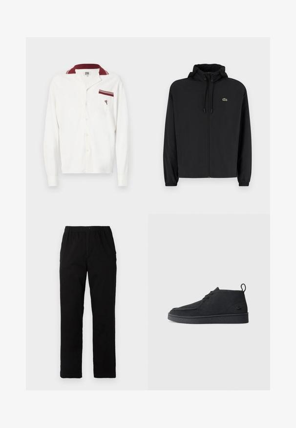 Casaco preto com fecho éclair e capuz, feito de material leve. Apresenta punhos elásticos e um pequeno logotipo verde no lado esquerdo do peito.; Camisa de mangas longas branca com um tecido texturizado, colarinho bordô e um bolso com um detalhe em bordô e design bordado.; Calças pretas feitas de um tecido de algodão misto, com corte reto, cintura elástica com botão e sem padrões ou detalhes visíveis.; Botim de tornozelo em camurça preta, com atacadores, aba na parte traseira e sola texturizada, apresentando um pequeno logótipo de crocodilo em relevo na lateral.