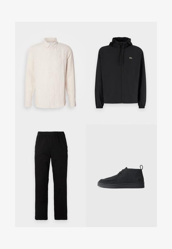 Črna jakna na zadrgo s kapuco, izdelana iz lahkega materiala. Ima elastične manšete in majhen zeleni logotip na levem prsnem delu.; Prugeasta srajca z gumbom v svetlo bež barvi z tankimi navpičnimi črtami. Ima ovratnik in dolge rokave, izdelana je iz teksturirane tkanine.; Črne hlače iz mešanice bombaža, s ravnim krojem, elastičnim pasom z gumbom in brez vidnih vzorcev ali akcentov.; Črni nubuk gležnjarji z vezalkami in zanko za poteg, z teksturiranim podplatom ter majhnim embosiranim krokodilovim logotipom na strani.