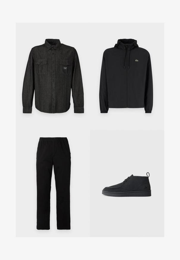 Jachetă neagră cu fermoar și glugă, fabricată din material ușor. Are manșete elastice și un mic logo verde pe pieptul stâng.; Cămașă din denim negru cu nasturi pe față, guler ascuțit și două buzunare pe piept. Prezintă un model subtil cu dungi și un eticheta de marcă pe buzunar.; Pantaloni negri dintr-un material textil amestecat de bumbac, cu croială dreaptă, talie elastică cu nasture și fără modele sau accente vizibile.; Cizme de gleznă din suede negru, cu șireturi, având un tab de prindere și o talpă texturată, prezentând un mic logo de crocodil embossat pe lateral.