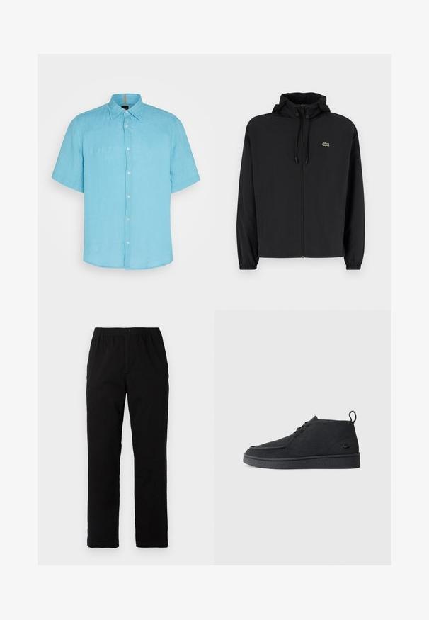 Zwarte zip-up jas met een capuchon, gemaakt van lichtgewicht materiaal. Heeft elastische manchetten en een klein groen logo op de linkerborst.; Lichtblauwe korte mouwen shirt van linnen stof, met een knoopsluiting aan de voorkant, een puntige kraag en een subtiele textuur zonder patronen of accenten.; Zwarte broek van een katoenmix, met een rechte snit, een elastische tailleband met knoop en zonder zichtbare patronen of accenten.; Zwarte suède veterschoenen tot de enkel met een trekband en een gestructureerde zool, met een klein reliëf krokodillenlogo aan de zijkant.