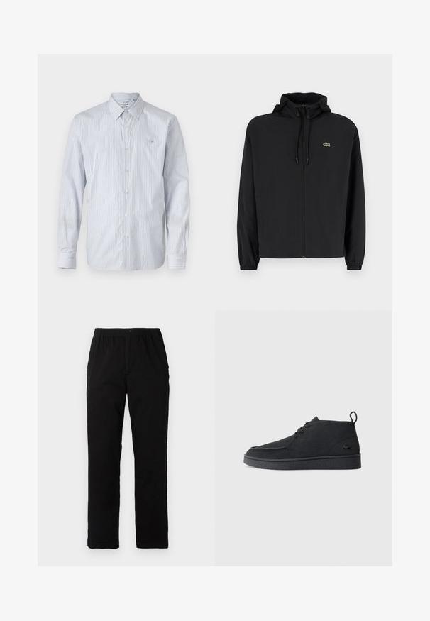 Casaco preto com fecho éclair e capuz, feito de material leve. Apresenta punhos elásticos e um pequeno logotipo verde no lado esquerdo do peito.; Camisa de manga longa às riscas em mistura de algodão azul claro e branco. Apresenta fecho com botões, um colarinho clássico e um pequeno logótipo bordado no peito.; Calças pretas feitas de um tecido de algodão misto, com corte reto, cintura elástica com botão e sem padrões ou detalhes visíveis.; Botim de tornozelo em camurça preta, com atacadores, aba na parte traseira e sola texturizada, apresentando um pequeno logótipo de crocodilo em relevo na lateral.