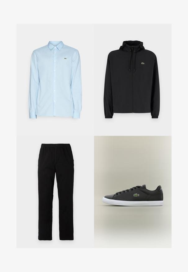 Svart zip-jacka med huva, tillverkad av lätt material. Har elastiska muddar och en liten grön logotyp på vänster bröst.; Ljust blå långärmad skjorta i slät tyg, med klassisk krage, knappstängning fram och en liten grön logotyp på bröstet.; Svarta byxor i en blandning av bomull, med rak passform, elastisk midja med knapp och utan synliga mönster eller accenter.; Svarta lädersneakers med vit gummisula, med en grön krokodil-logotyp och runda snörningar, slankt design med slät textur.