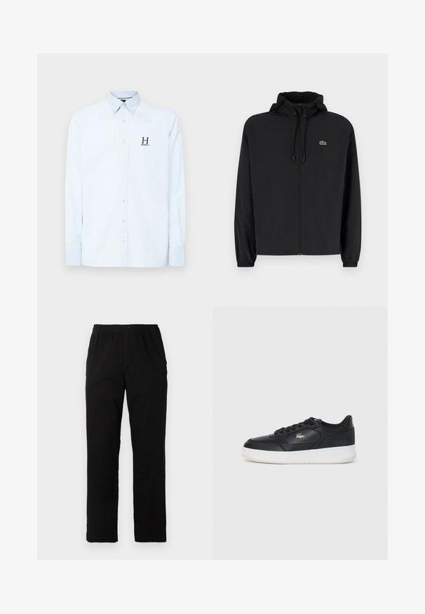 Melnas rāvējslēdzēja jakas ar kapuci, izgatavota no viegla materiāla. Ar elastīgām piedurknēm un mazu zaļu logo kreisajā krūtī.; Hackett London HERITAGE STRIPE - Formāls krekls - sky blue; Melnas bikses no kokvilnas maisījuma auduma, ar taisnu griezumu, elastīgu jostasvietu ar pogu un bez redzamām rakstu vai akcentiem.; Melnas ādas tenisa kurpes ar baltu zoli, ar noapaļotu purngalu, saista dizainu un nemanāmu logotipu sānos. Strukturēta virsma.