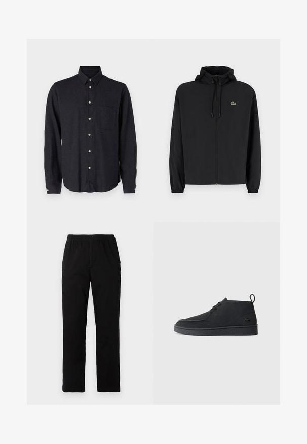 Fekete, kapucnis, cipzáras dzseki, könnyű anyagból készült. Rugalmas mandzsettákkal és egy kis zöld logóval rendelkezik a bal mellrészen.; Sötétszürke, hosszú ujjú póló textúrált anyagból. Gombos gallérral, elülső zsebbel és ezüst gombos záródással rendelkezik.; Fekete pamut keverék anyagú nadrág, egyenes szabású, rugalmas derékrésszel és gombbal, látható minták vagy díszítések nélkül.; Fekete velúr, fűzős bokacsizma, húzófüllel és texturált talppal, oldalt kis, dombornyomott krokodil logóval.