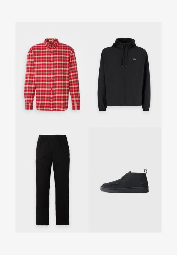 Čierna mikina na zips s kapucňou, vyrobená z ľahkého materiálu. Má elastické manžety a malú zelenú značku na ľavej hrudi.; GANT CHECK SHIRT - Košeľa - ruby red; Čierne nohavice vyrobené z bavlnenej zmesi, so strihom rovného strihu, elastickým pásom s gombíkom a bez viditeľných vzorov alebo akcentov.; Čierne zamšové členkové topánky na šnurovanie s pútkom a štruktúrovanou podrážkou, s malým embosovaným logom krokodíla na boku.