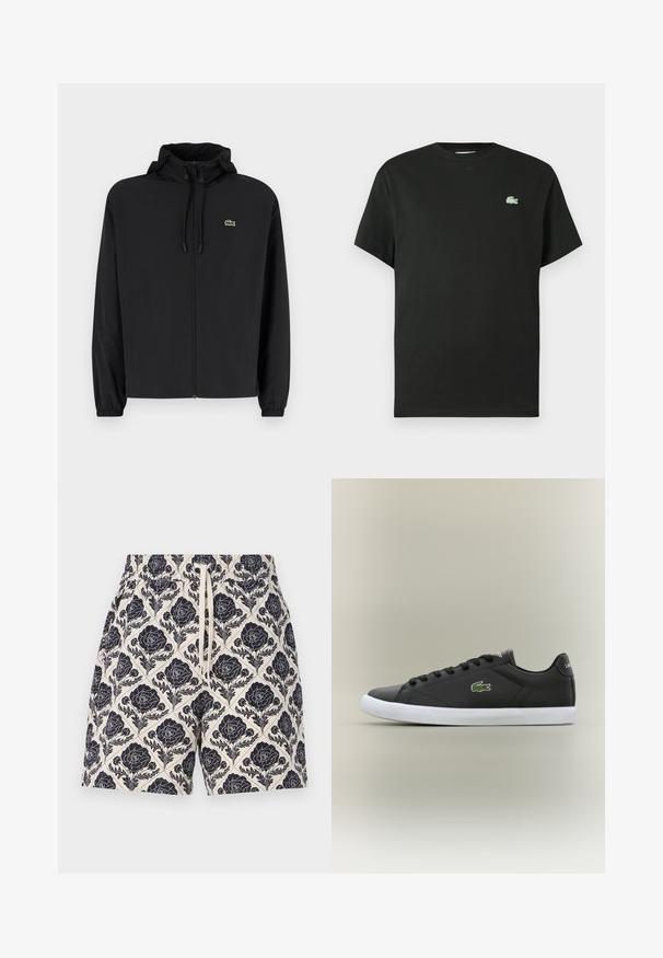 Svart zip-up jakke med hette, laget av lett materiale. Har elastiske mansjetter og en liten grønn logo på venstre bryst.; Svart bomulls t-skjorte med rund hals, korte ermer og en grønn brodert logo på venstre bryst. Glatt tekstur, avslappet passform.; Trykte shorts i krem med et marineblått blomstermønster, med elastisk midjebånd og snøring, laget av lett stoff.; Svarte lær sneakers med hvit gummisåle, med grønt krokodillelogo og runde snører, elegant design med glatt tekstur.