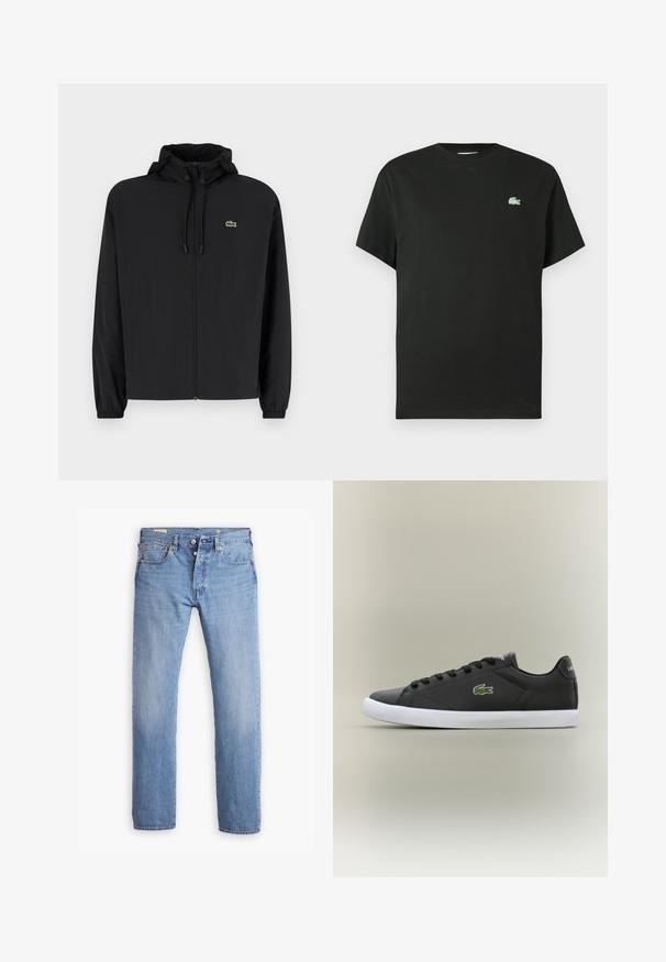 Casaco preto com fecho éclair e capuz, feito de material leve. Apresenta punhos elásticos e um pequeno logotipo verde no lado esquerdo do peito.; T-shirt de algodão preta com decote redondo, mangas curtas e logótipo verde bordado no lado esquerdo do peito. Textura lisa, corte descontraído.; Levi's® 501® ORIGINAL - Calças de ganga de perna direita - smooth cruise cool; Tênis de couro preto com sola de borracha branca, apresentando um logotipo de crocodilo verde e cadarços redondos, design elegante com textura suave.