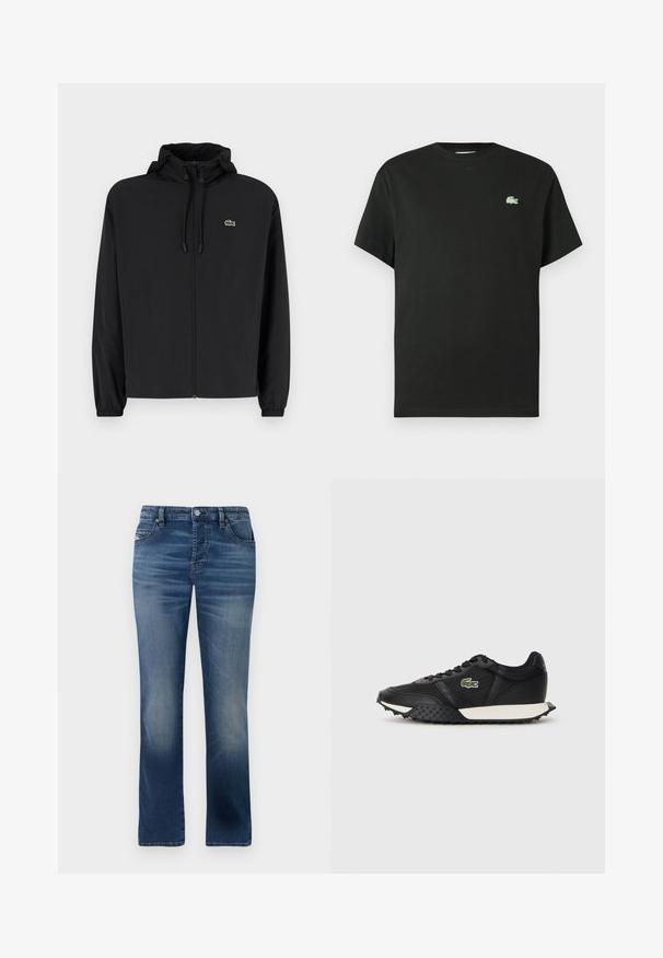 Mustmust jacket, millel näpsuga, kergest materjalist. Omab elastseid mansette ja väikest rohelist logo vasakul rinnal.; Mustast puuvillasest lühikeste varrukatega t-särk, ümara kaelusega ja vasakul rinnal rohelise tikandiga logoga. Sile tekstuur, lõõgastav lõige.; Tumedast sinisest denimist teksad otse jala kujundusega, esikottide, tagasihoidliku kulumise ja klassikalise nööbi sulgemisega vööl.; Mustad mustad spordijalatsid sileda nahkviimistlusega, tekstuurse kummitaldiga, valge vahevaibaga ja rohelise brodüüritud logoga küljele.