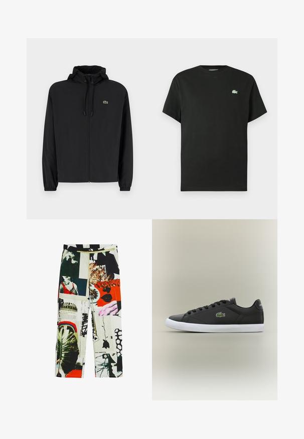 Crna jakna na zip s kapuljačom, izrađena od laganog materijala. Ima elastične manžete i mali zeleni logotip na lijevoj strani prsnog koša.; Crna pamučna majica s okruglim izrezom, kratkim rukavima i zeleno izvezenim logotipom na lijevoj strani prsa. Glatka tekstura, opuštenog kroja.; Hlače s uzorkom koje imaju kolaž slika, boja i tekstura, uključujući zelenilo, grafike i odvažne naglaske. Elastična struk.; Crne kožne tenisice s bijelim gumenim potplatom, s zelenim krokodilom kao logotipom i okruglim vezicama, elegantnog dizajna s glatkom teksturom.