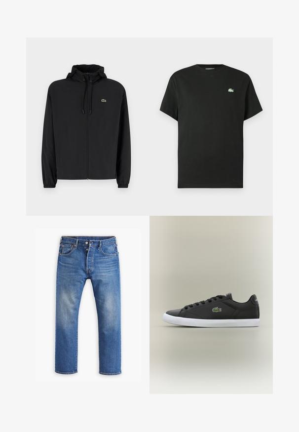 Casaco preto com fecho éclair e capuz, feito de material leve. Apresenta punhos elásticos e um pequeno logotipo verde no lado esquerdo do peito.; T-shirt de algodão preta com decote redondo, mangas curtas e logótipo verde bordado no lado esquerdo do peito. Textura lisa, corte descontraído.; Jeans de ganga azuis, design de perna reta, com desbotamento visível, fecho por botão e zíper, cinco bolsos e detalhes em costura laranja.; Tênis de couro preto com sola de borracha branca, apresentando um logotipo de crocodilo verde e cadarços redondos, design elegante com textura suave.