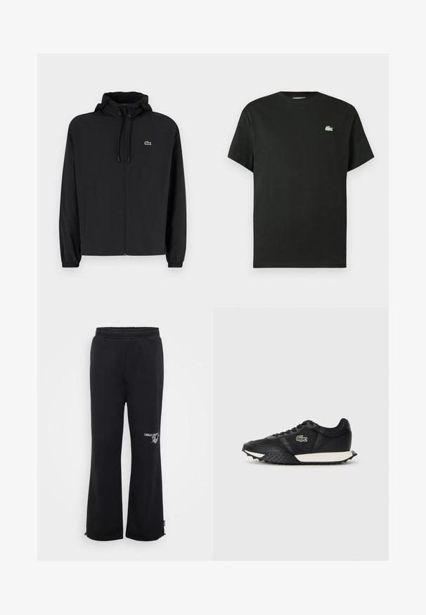 Sort zip-jakke med hætte, lavet af letvægtsmateriale. Har elastiske manchetter og et lille grønt logo på venstre bryst.; Sort bomulds-T-shirt med rund hals, korte ærmer og en grøn broderet logo på venstre bryst. Glat tekstur, afslappet pasform.; Sorte sweatpants med en afslappet pasform, lavet af blødt stof. Har en elastisk talje og sidelommer, samt et logo på det ene ben.; Sorte sneakers med en glat læderoverflade, der har en tekstureret gummisål, en hvid mellemsole og et grønt broderet logo på siden.