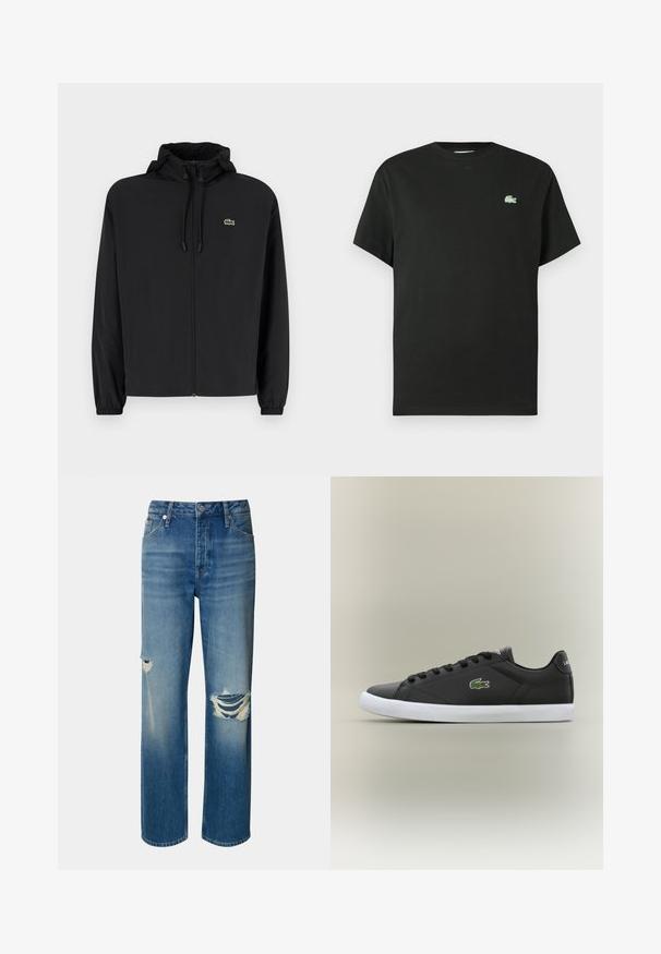 Črna jakna na zadrgo s kapuco, izdelana iz lahkega materiala. Ima elastične manšete in majhen zeleni logotip na levem prsnem delu.; Črna bombažna majica s kratkimi rokavi in okroglim izrezom, z zelenim izvezenim logotipom na levi strani prsnega koša. Gladek tekstura, sproščen kroj.; Svijetloplave traperice sa visokim strukom, ravnim nogavicama i istrošenim rupama na oba koljena. Imaju klasičan dizajn s pet džepova i kopčanje na gumbe.; Črne usnjene superge z belo gumijasto podplatom, z zelenim krokodiljim logotipom in okroglimi vezalkami, elegantna zasnova z gladko teksturo.