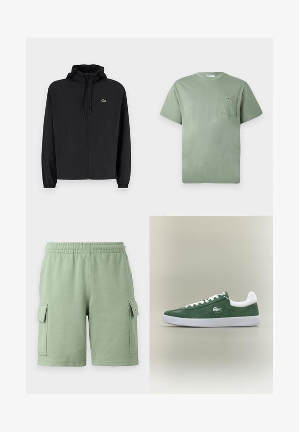 Casaco preto com fecho éclair e capuz, feito de material leve. Apresenta punhos elásticos e um pequeno logotipo verde no lado esquerdo do peito.; T-shirt de algodão de manga curta verde-claro com um bolso no peito, apresentando um pequeno logo de crocodilo bordado.; Calções de algodão verdes com uma faixa elástica na cintura, dois bolsos laterais tipo cargo e um pequeno detalhe do logótipo no bolso esquerdo.; Sapatilha verde em camurça de perfil baixo com atacadores brancos, sola branca, colarinho acolchoado e logotipo de crocodilo bordado com o texto "EST. 1933".