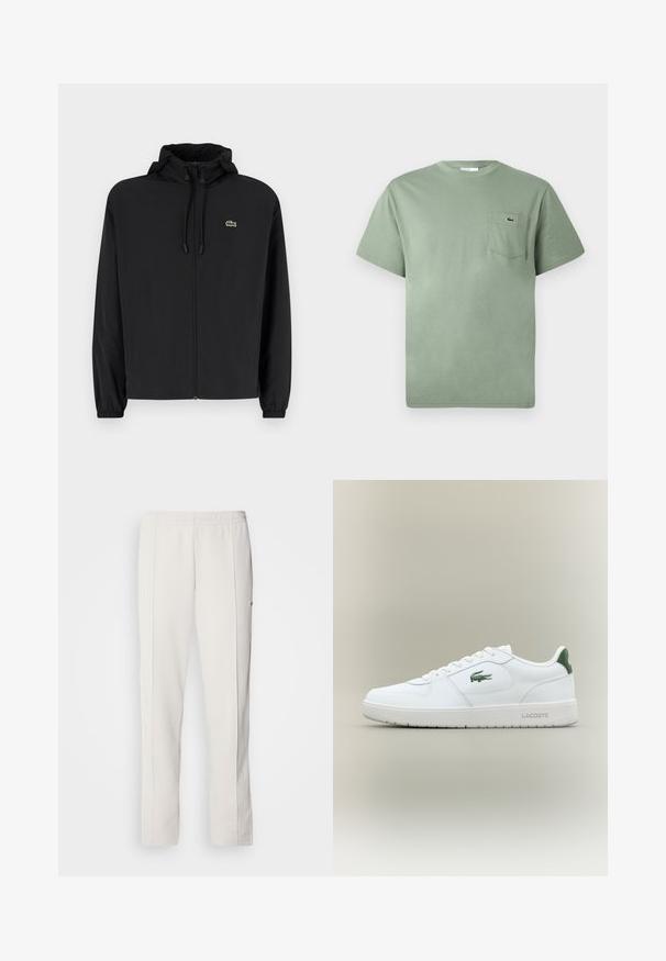 Črna jakna na zadrgo s kapuco, izdelana iz lahkega materiala. Ima elastične manšete in majhen zeleni logotip na levem prsnem delu.; Svetlozelena kratkosleeva bombažna majica z žepom na prsih, okrašena z majhnim vezenim krokodilom.; Lacoste Spodnji deli trenirk - hammam; Bela usnjena tenisačka obutev s gladko površino, z zelenimi poudarki na peti in zelenim logotipom ob strani. Ima ravno podplat in okroglo konico.