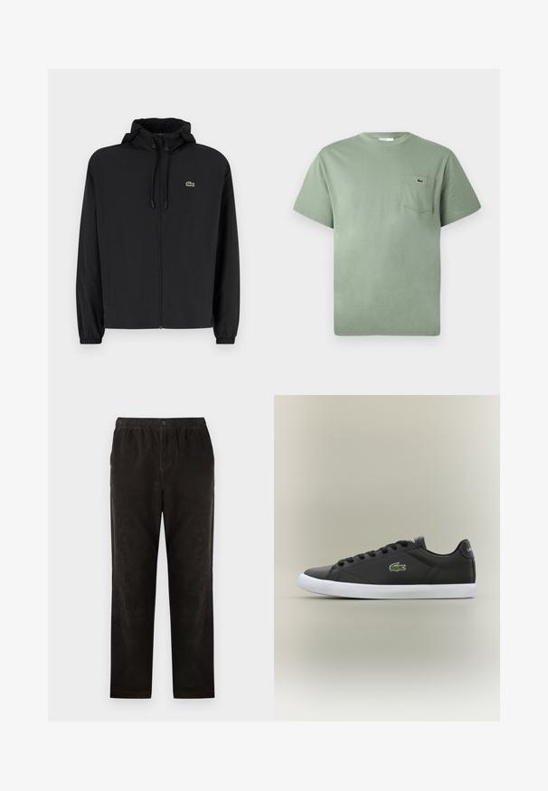 Crna jakna na zip s kapuljačom, izrađena od laganog materijala. Ima elastične manžete i mali zeleni logotip na lijevoj strani prsnog koša.; Svijetlozeleni pamučni T-shirt kratkih rukava s džepom na prsima i malim izvezenim logom krokodila.; Crne kadife hlače ravnog kroja, s elastičnim pojasom i jednim gumbom za zatvaranje. Glatka tekstura, minimalni detalji.; Crne kožne tenisice s bijelim gumenim potplatom, s zelenim krokodilom kao logotipom i okruglim vezicama, elegantnog dizajna s glatkom teksturom.