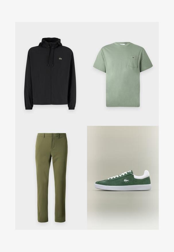 Black zip-up jacket with a hood, made of lightweight material. Features elastic cuffs and a small green logo on the left chest.; Light green short-sleeve cotton T-shirt with a chest pocket featuring a small embroidered crocodile logo.; Olive green trousers made of smooth fabric with a straight cut, featuring a button closure and belt loops. No visible patterns or accents.; Low-profile green suede sneaker with white laces, white sole, padded heel collar, and embroidered crocodile logo with "EST. 1933" text.