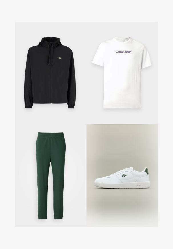 Juodas užtrauktukas striukė su gaubtu, pagaminta iš lengvos medžiagos. Savybės: elastiniai apykaklės ir mažas žalias logotipas kairėje krūtinės pusėje.; Balta medvilnės marškinėliai su apykakle, trumpomis rankovėmis ir purpuriniu „Calvin Klein“ logotipu, atspausdintu per krūtinę.; Žalios jogger kelnės, pagamintos iš minkštos medvilnės. Turi elastingą juosmenį ir tapering stiliaus kojas, su mažuoju logotipu apatinėje pusėje.; Balti odiniai sportbačiai su lygiu paviršiumi, žaliais akcentais ant kulno ir žalia logotipu šone. Siūlo plokščią pado struktūrą ir apvalią nosį.