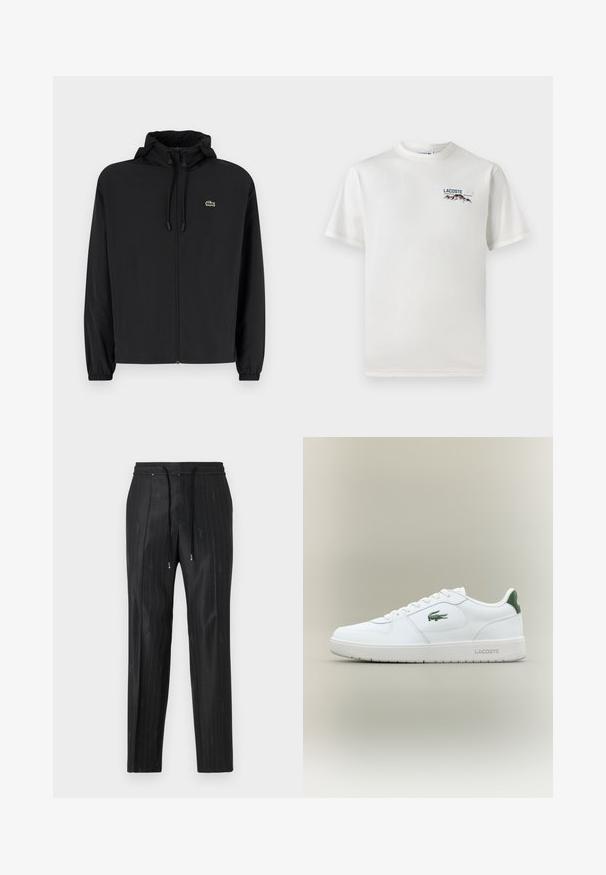 Črna jakna na zadrgo s kapuco, izdelana iz lahkega materiala. Ima elastične manšete in majhen zeleni logotip na levem prsnem delu.; Bela bombažna majica s krožnim ovratnikom, kratkimi rokavi in majhnim izvezenim logotipom, ki vsebuje gore in besedilo na levi prsni strani.; Črne hlače s pinstripi, izdelane iz gladkega blaga, z udobnim elastičnim pasom in dodatkom za vezanje. Imajo diskretne logotipne detajle.; Bela usnjena tenisačka obutev s gladko površino, z zelenimi poudarki na peti in zelenim logotipom ob strani. Ima ravno podplat in okroglo konico.