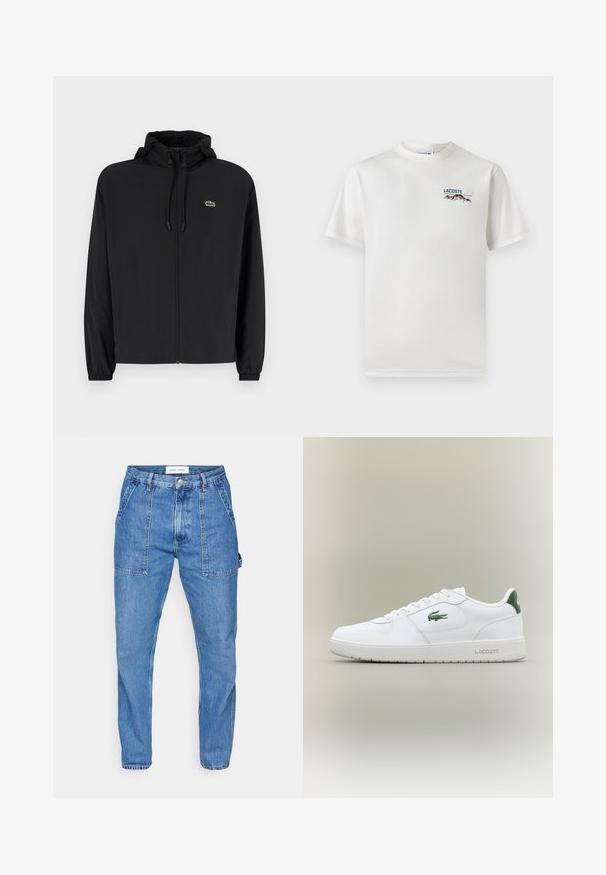 Crna jakna na zip s kapuljačom, izrađena od laganog materijala. Ima elastične manžete i mali zeleni logotip na lijevoj strani prsnog koša.; Bijela pamučna majica s okruglim izrezom, kratkim rukavima i malim izvezenim logotipom koji prikazuje planine i tekst na lijevoj strani grudi.; Svijetloplave traperice visokog struka, ravnih nogavica i prednjih džepova. Imaju kontrastne šavove i zatvaranje na gumba.; Bijele kožne tenisice s glatkom površinom, zelenim naglascima na peti i zelenim logotipom sa strane. Imaju ravni potplat i okrugli vrh.