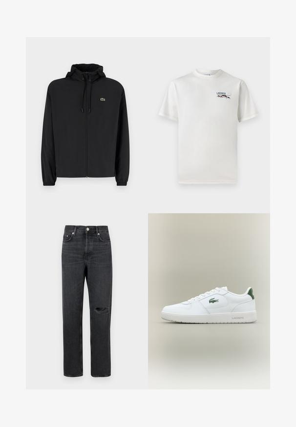 Czarna kurtka zapinana na zamek z kapturem, wykonana z lekkiego materiału. Posiada elastyczne mankiety oraz małe zielone logo na lewej piersi.; Biała koszulka bawełniana z okrągłym dekoltem, krótkimi rękawami i małym haftowanym logo przedstawiającym góry oraz tekst po lewej stronie klatki piersiowej.; Czarne dżinsy o prostym kroju, z przetarciem na kolanie, w pięć kieszeni oraz metalowymi detalami na pasie i kieszeniach.; Białe skórzane trampki o gładkim wykończeniu, z zielonymi akcentami na pięcie i zielonym logo z boku. Posiadają płaską podeszwę i okrągły czubek.