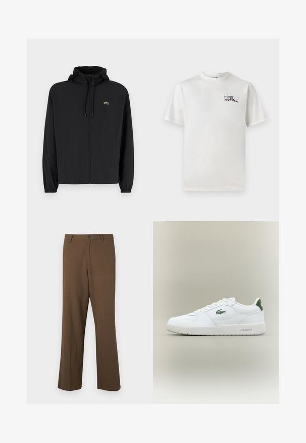 Veste noire à fermeture éclair avec capuche, fabriquée en matériau léger. Présente des poignets élastiques et un petit logo vert sur la poitrine gauche.; T-shirt en coton blanc avec un col rond, des manches courtes et un petit logo brodé représentant des montagnes et un texte sur le côté gauche de la poitrine.; Pantalons marron à jambes droites en tissu texturé, avec une fermeture à bouton et une taille standard, dotés de poches latérales et de coutures ajustées.; Baskets en cuir blanc avec une finition lisse, accents verts au niveau du talon et un logo vert sur le côté. Présente une semelle plate et un bout rond.