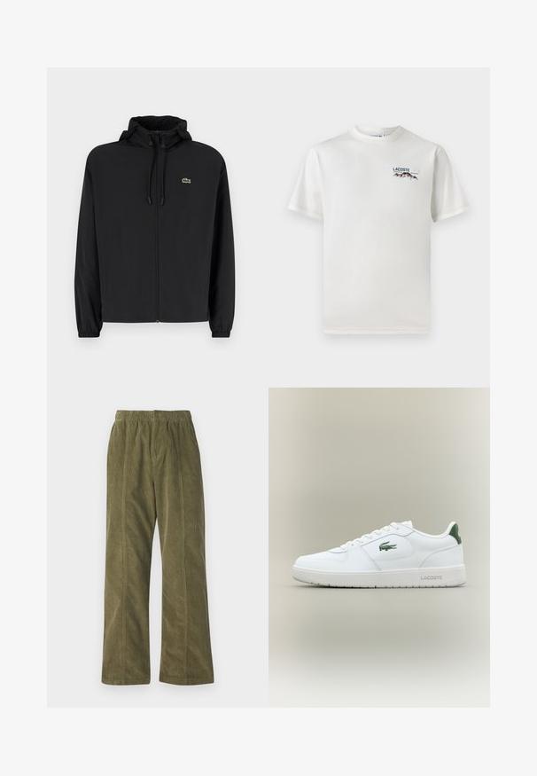 Fekete, kapucnis, cipzáras dzseki, könnyű anyagból készült. Rugalmas mandzsettákkal és egy kis zöld logóval rendelkezik a bal mellrészen.; Fehér pamut póló kerek nyakkivágással, rövid ujjal és egy kis gépi hímzésű logóval, amely hegyeket és szöveget ábrázol a bal mellen.; Olajzöld kordbársony nadrág széles lábakkal, elastikus derékkal és látható varrási részletekkel az oldalán.; Fehér bőr sneaker sima felülettel, zöld akcentussal a saroknál, és zöld logóval az oldalon. Lapos talpa és kerek orra van.