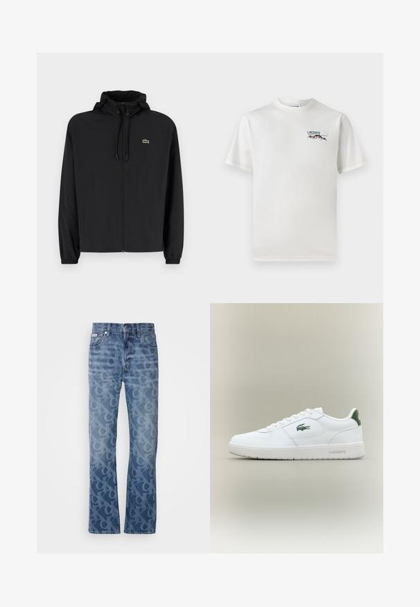 Juodas užtrauktukas striukė su gaubtu, pagaminta iš lengvos medžiagos. Savybės: elastiniai apykaklės ir mažas žalias logotipas kairėje krūtinės pusėje.; Baltas medvilninis marškinėliai su apykakle, trumpomis rankovėmis ir mažas siuvinėtas logotipas, vaizduojantis kalnus ir tekstą ant kairiojo krūtinės.; Šviesiai mėlyni džinsai su toniniu abstrakčiu raštu. Turi tiesią kojų kirpimą, penkis kišenes ir metalinius akcentus.; Balti odiniai sportbačiai su lygiu paviršiumi, žaliais akcentais ant kulno ir žalia logotipu šone. Siūlo plokščią pado struktūrą ir apvalią nosį.