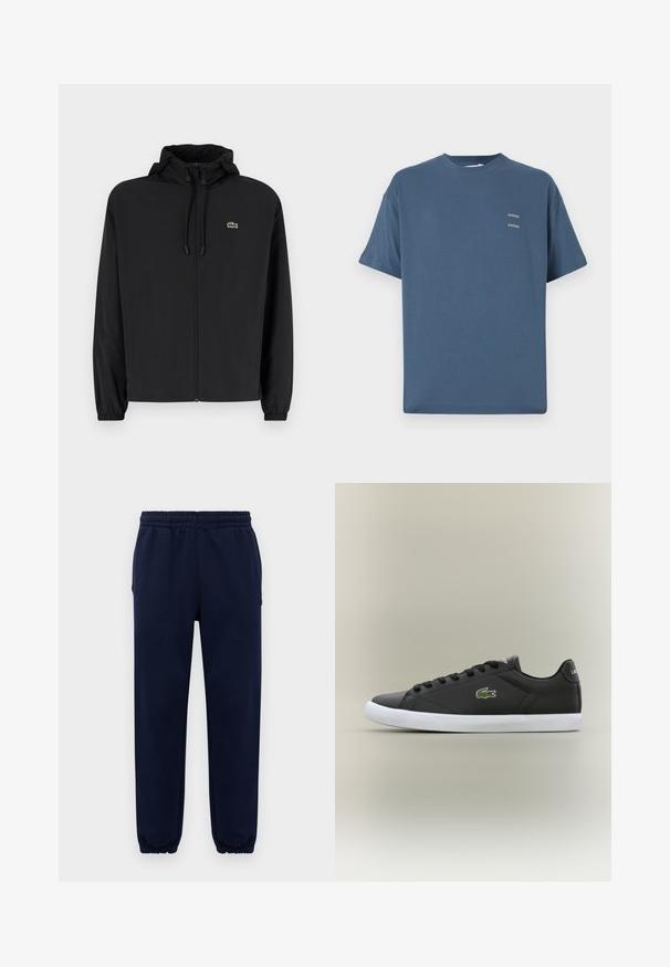 Černá zipová bunda s kapucí, vyrobená z lehkého materiálu. Má elastické manžety a malé zelené logo na levé hrudi.; Modrá bavlněná tričko s klasickým kulatým výstřihem, krátkými rukávy, volným střihem a dvěma malými potisky na hrudi. Hladká textura.; Tmavě modré tepláky s elastickým pasem a manžetami, s rovnými nohavicemi, vystavené na jednobarevném světlém pozadí.; Černé kožené tenisky s bílou gumovou podrážkou, se zeleným logem krokodýla a kulatými tkaničkami, elegantní design s hladkým povrchem.