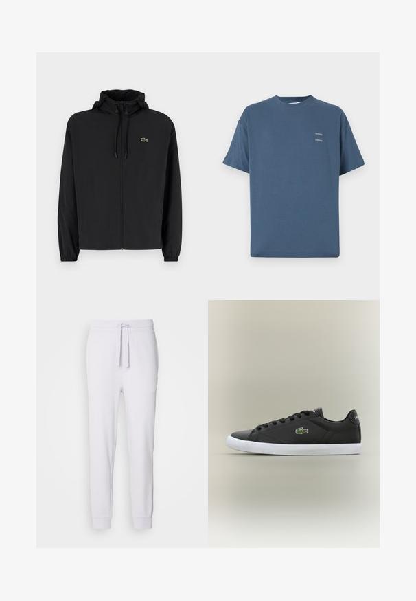 Black zip-up jacket with a hood, made of lightweight material. Features elastic cuffs and a small green logo on the left chest.; Blue cotton t-shirt with a classic crew neck, short sleeves, relaxed fit, and two small printed logos on the chest. Smooth texture.; HUGO DAYOTE - Tracksuit bottoms - light pastel purple; Black leather sneakers with white rubber sole, featuring a green crocodile logo and round laces, sleek design with smooth texture.