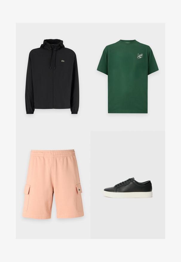 Giacca nera con zip e cappuccio, realizzata in materiale leggero. Caratterizzata da polsini elasticizzati e un piccolo logo verde sul petto sinistro.; T-shirt in cotone verde con collo rotondo, maniche corte e logo testuale bianco "Lacoste Paris" nella zona sinistra del petto.; Shorts rosa chiaro realizzati in tessuto misto cotone con cintura elastica, due tasche laterali con pattina e un accento del logo verde.; Sneaker nere in pelle con texture perforata, punta tonda e suola piatta in gomma bianca. Presentano lacci neri e un logo discreto sul lato.