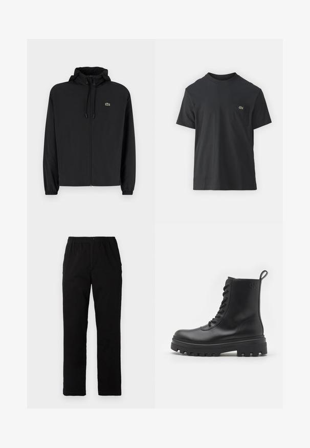 Musta vetoketjullinen takki, jossa on huppu, valmistettu kevyestä materiaalista. Ominaisuuksiin kuuluu joustavat hihansuut ja pieni vihreä logo vasemmassa rinnassa.; Mustat puuvillapaidat, joissa on lyhyet hihat, pyöreä pääntie ja pieni vihreä logo vasemmassa rintataskussa. Yksinkertainen muotoilu, normaali istuvuus.; Mustat housut, jotka on valmistettu puuvilla-sekoitekankaasta, suoran mallin, joustavan vyötärönauhan ja napin kanssa, ilman näkyviä kuvioita tai yksityiskohtia.; Calvin Klein Jeans Nauhalliset nilkkurit - triple black