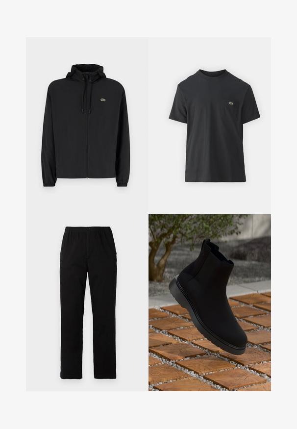 Svart zip-up jakke med hette, laget av lett materiale. Har elastiske mansjetter og en liten grønn logo på venstre bryst.; Svart bomull t-skjorte med korte ermer, rund hals og en liten grønn logo på venstre brystlomme. Enkelt design, normal passform.; Sorte bukser laget av bomullsblandet stoff, med rett snitt, elastisk midjebånd med knapp, og uten synlige mønstre eller detaljer.; Sorte ankelstøvler laget av glatt materiale med subtile sømmer, gummisåle og et strømlinjeformet design, plassert over en trestrukturert overflate.