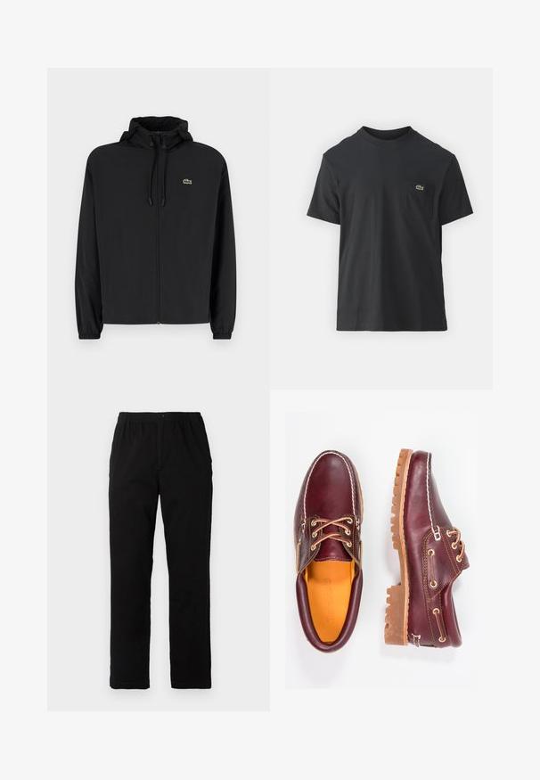 Melnas rāvējslēdzēja jakas ar kapuci, izgatavota no viegla materiāla. Ar elastīgām piedurknēm un mazu zaļu logo kreisajā krūtī.; Melnas kokvilnas T-krekls ar īsām piedurknēm, apaļu kakla izgriezumu un mazu zaļu logotipu kreisajā krūšu kabatē. Vienkāršs dizains, regulāra piegriezuma.; Melnas bikses no kokvilnas maisījuma auduma, ar taisnu griezumu, elastīgu jostasvietu ar pogu un bez redzamām rakstu vai akcentiem.; Burgundijas krāsas ādas apavi ar brūniem gumijas zole, apaļiem purngalu, baltu šuvumu un zelta caurumiem. Iekšpusei ir dzeltena oderējums.