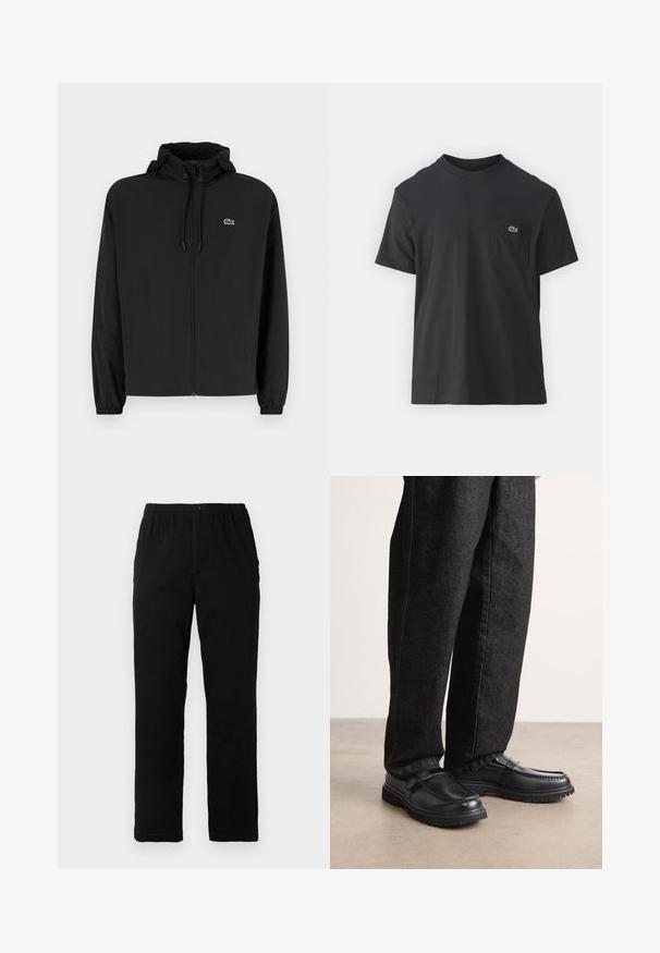 Schwarze Zip-Jacke mit Kapuze, aus leichtem Material hergestellt. Verfügt über elastische Bündchen und ein kleines grünes Logo auf der linken Brust.; Schwarz Baumwoll-T-Shirt mit kurzen Ärmeln, rundem Ausschnitt und einem kleinen grünen Logo auf der linken Brusttasche. Einfaches Design, reguläre Passform.; Schwarze Hosen aus einem Baumwollmischgewebe, mit geradem Schnitt, elastischem Bund mit Knopf und ohne sichtbare Muster oder Akzente.; Schwarze Lederschuhe mit strukturiertem Finish, ausgestattet mit einem erhöhten Nahtdesign und einer robusten Gummisohle, getragen mit dunklen Jeans.