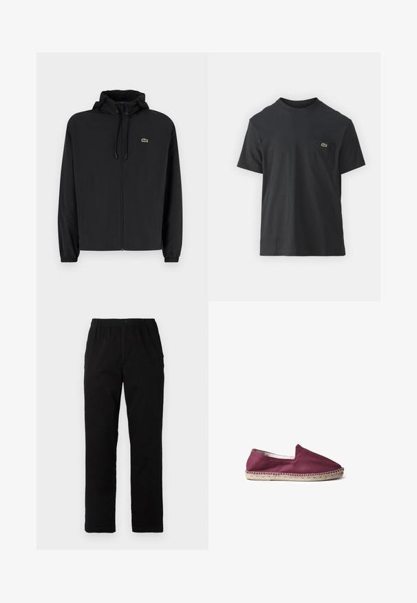 Črna jakna na zadrgo s kapuco, izdelana iz lahkega materiala. Ima elastične manšete in majhen zeleni logotip na levem prsnem delu.; Črna bombažna majica s kratkimi rokavi, okroglo ovratnikom in majhnim zelenim logotipom na levem žepu. Preprost dizajn, redna prileganje.; Črne hlače iz mešanice bombaža, s ravnim krojem, elastičnim pasom z gumbom in brez vidnih vzorcev ali akcentov.; Toni Pons MONTGRI - Čevlji brez vezalk - bordeaux