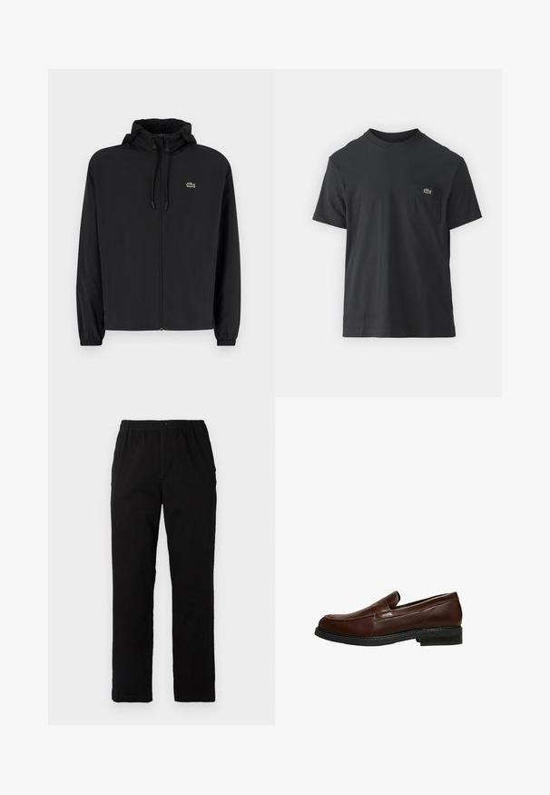 Svart zip-up jakke med hette, laget av lett materiale. Har elastiske mansjetter og en liten grønn logo på venstre bryst.; Svart bomull t-skjorte med korte ermer, rund hals og en liten grønn logo på venstre brystlomme. Enkelt design, normal passform.; Sorte bukser laget av bomullsblandet stoff, med rett snitt, elastisk midjebånd med knapp, og uten synlige mønstre eller detaljer.; Brune skinn loafer med rund tå, slip-on design, subtile sømdetaljer og såle i svart gummi. Jevn tekstur generelt.