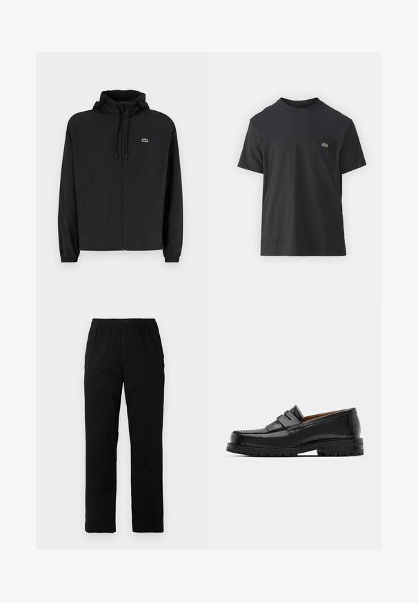 Czarna kurtka zapinana na zamek z kapturem, wykonana z lekkiego materiału. Posiada elastyczne mankiety oraz małe zielone logo na lewej piersi.; Czarna bawełniana koszulka z krótkim rękawem, okrągłym dekoltem i małym zielonym logo na lewej kieszeni piersiowej. Prosty design, regularny krój.; Czarne spodnie wykonane z mieszanki bawełny, z prostym krojem, elastycznym paskiem w talii z guzikiem oraz bez widocznych wzorów czy akcentów.; Czarne skórzane mokasyny mają wyraźny szew, dwa dekoracyjne paski na górze oraz grubą, teksturowaną podeszwę dla lepszej przyczepności.