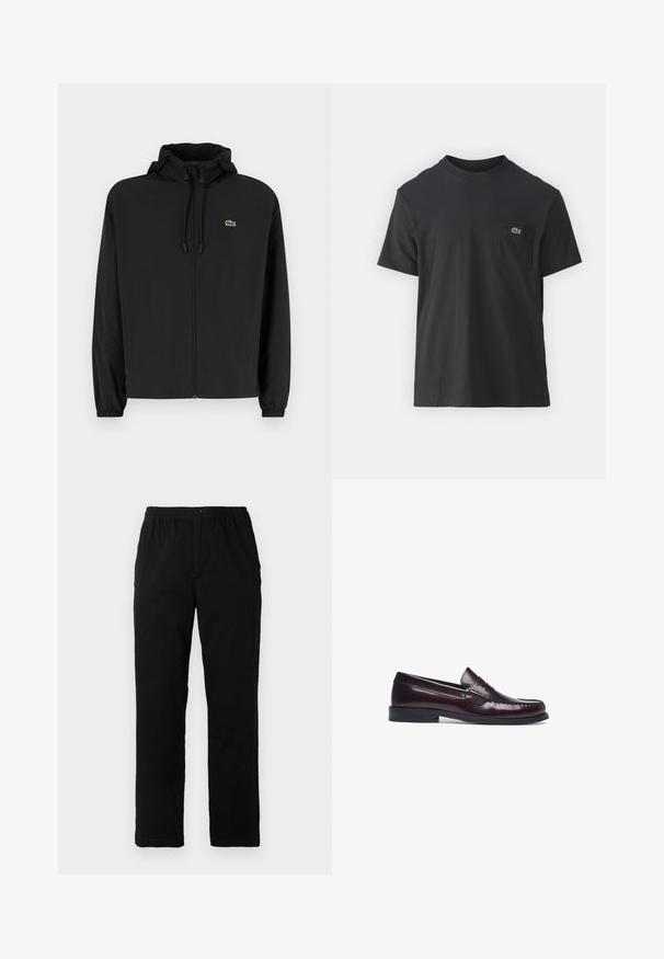 Melnas rāvējslēdzēja jakas ar kapuci, izgatavota no viegla materiāla. Ar elastīgām piedurknēm un mazu zaļu logo kreisajā krūtī.; Melnas kokvilnas T-krekls ar īsām piedurknēm, apaļu kakla izgriezumu un mazu zaļu logotipu kreisajā krūšu kabatē. Vienkāršs dizains, regulāra piegriezuma.; Melnas bikses no kokvilnas maisījuma auduma, ar taisnu griezumu, elastīgu jostasvietu ar pogu un bez redzamām rakstu vai akcentiem.; Burgundijas ādas loafers ar šuvuma pirkstu detaļu, plakanu papēdi un gludu apdari. Iezīmē klasisku monētu kabatu dizainu augšējā daļā.