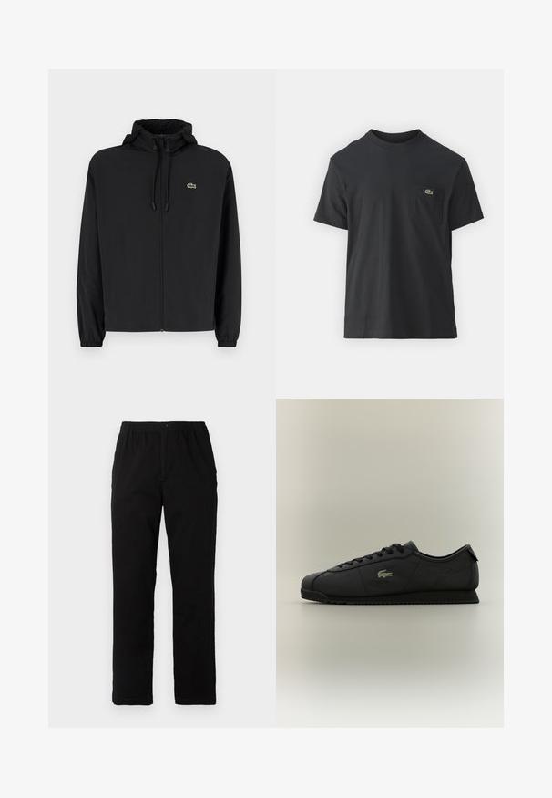 Casaco preto com fecho éclair e capuz, feito de material leve. Apresenta punhos elásticos e um pequeno logotipo verde no lado esquerdo do peito.; Camiseta de algodão preta com mangas curtas, decote redondo e um pequeno logo verde no bolso do peito esquerdo. Design simples, corte regular.; Calças pretas feitas de um tecido de algodão misto, com corte reto, cintura elástica com botão e sem padrões ou detalhes visíveis.; Sapatilha preta de cano baixo com atacadores na frente, sola texturizada e logotipo dourado de crocodilo na lateral.