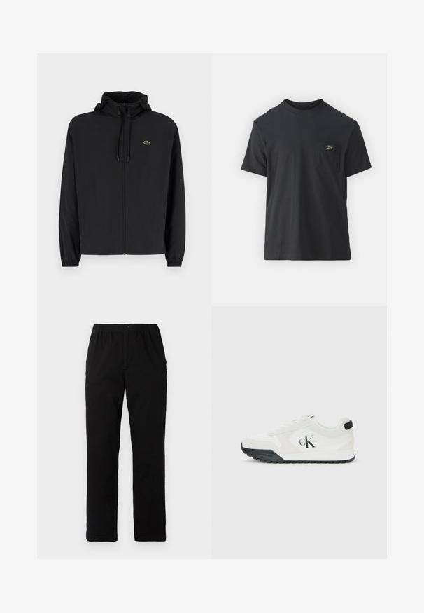 Casaco preto com fecho éclair e capuz, feito de material leve. Apresenta punhos elásticos e um pequeno logotipo verde no lado esquerdo do peito.; Camiseta de algodão preta com mangas curtas, decote redondo e um pequeno logo verde no bolso do peito esquerdo. Design simples, corte regular.; Calças pretas feitas de um tecido de algodão misto, com corte reto, cintura elástica com botão e sem padrões ou detalhes visíveis.; Sapatilha branca Calvin Klein com sola preta, painéis em camurça e malha, logo CK na lateral, e marca Calvin Klein no calcanhar e na sola.