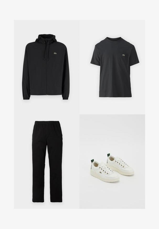 Black zip-up jacket with a hood, made of lightweight material. Features elastic cuffs and a small green logo on the left chest.; Black cotton t-shirt with short sleeves, round neckline, and a small green logo on the left chest pocket. Simple design, regular fit.; Black pants made of cotton blend fabric, featuring a straight cut, elastic waistband with button, and no visible patterns or accents.; White leather sneakers with green accents, lace-up design, gold eyelets, and textured panels. Thick cream-colored rubber sole.