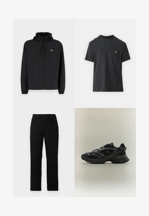 Svart zip-up jakke med hette, laget av lett materiale. Har elastiske mansjetter og en liten grønn logo på venstre bryst.; Svart bomull t-skjorte med korte ermer, rund hals og en liten grønn logo på venstre brystlomme. Enkelt design, normal passform.; Sorte bukser laget av bomullsblandet stoff, med rett snitt, elastisk midjebånd med knapp, og uten synlige mønstre eller detaljer.; Svart atletisk sko med mesh-paneler, en teksturert såle, snøringer, og en buet silhuett med sølvfargede detaljer på sidene.