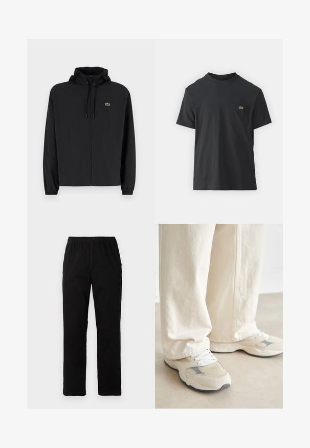 Svart zip-up jakke med hette, laget av lett materiale. Har elastiske mansjetter og en liten grønn logo på venstre bryst.; Svart bomull t-skjorte med korte ermer, rund hals og en liten grønn logo på venstre brystlomme. Enkelt design, normal passform.; Sorte bukser laget av bomullsblandet stoff, med rett snitt, elastisk midjebånd med knapp, og uten synlige mønstre eller detaljer.; Sko med en lys beige semsket og mesh-overdel, hvite snører og grå dekor. Tykk gummisåle med et teksturert mønster.